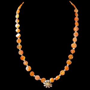 Sterling Silver Orange Agate Daisy Flower Charm Vintage Necklace